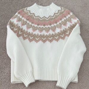LOFT White and Pink Fair Isle Sweater